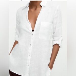 ZARA 100% LINEN White Basic Gold Tone Buttons Button Down Shirt